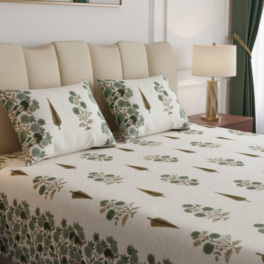 Natures Embrace Green Block Print Pure Cotton Double Bedsheet